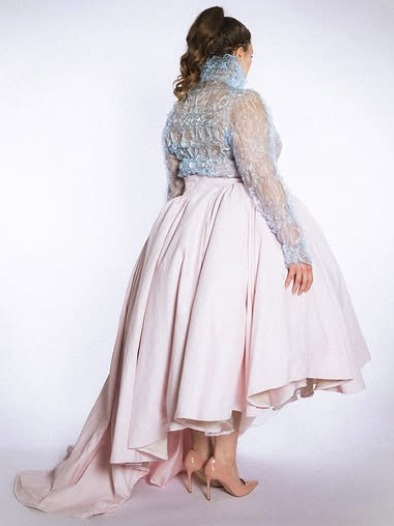 Pink ball skirt with sheer blue textured top, back view